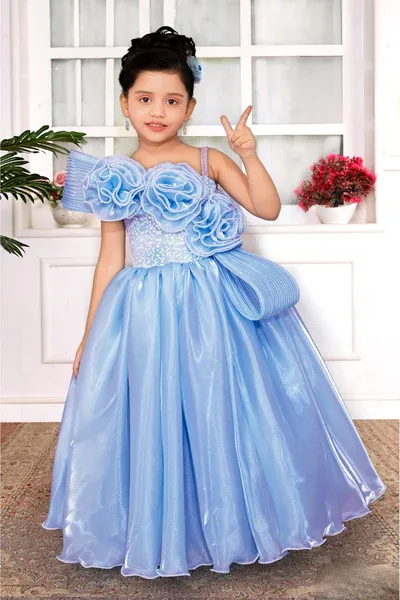 Girls Blue One-Shoulder Party Gown with 3D Floral Ruffles